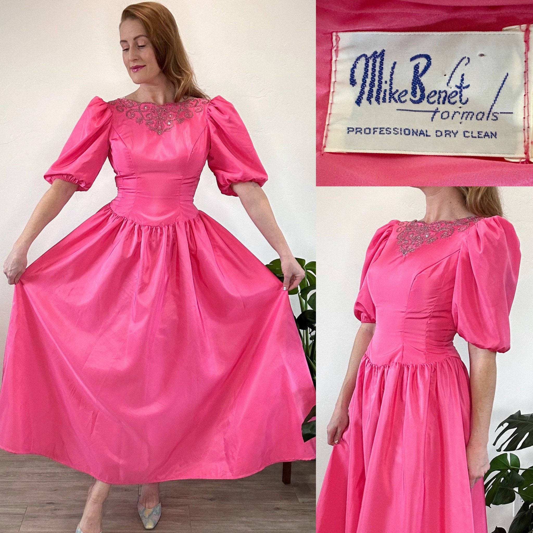 BurlyWoods Pink Puff Sleeve White Pink Bodycon Plus Size Vintage Prom Dress XXL / Pink