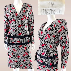 Vintage 80&#39;s My Michelle 2-PC Black, Red & White Peplum Skirt Suit Dress Set Fits M 29&quot;W