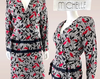 Vintage 80's My Michelle 2-PC Black, Red & White Peplum Skirt Suit Dress Set Fits M 29"W