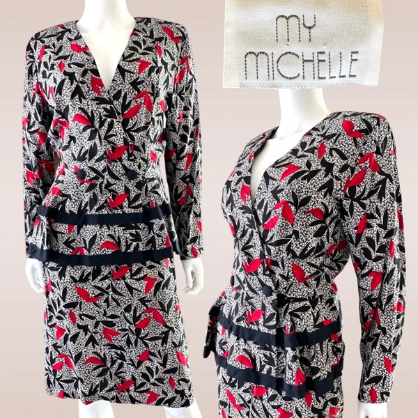 Vintage 80's My Michelle 2-PC Black, Red & White Peplum Skirt Suit Dress Set Fits M 29"W