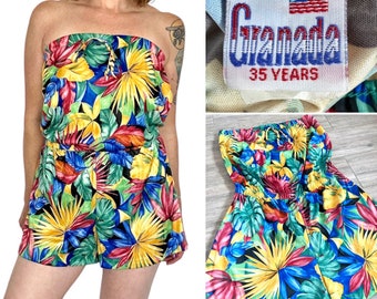 Vintage 80er Jahre Granada Tropical Bunte Palmblatt Sommer Strampler Cover Up M-L