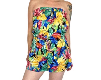 Vintage 80's Granada Tropical Colorful Palm Leaf Summer Romper Cover Up M-L
