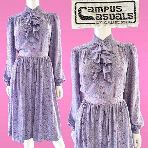Vintage 70's Campus Casuals 2-PC Blouse + Skirt Set Purple Abstract Print Jabot Collar Fits 10/12 32"W