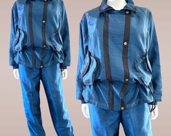 Vintage 80's 90's Marshall Rousso blauw en zwart metallic nylon trainingspak jack + broek maat M