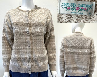 Vintage 80's 90's Chelsea Gardens Nordic Fair Isle Cotton Christmas Knit Cardigan Sweater Size M