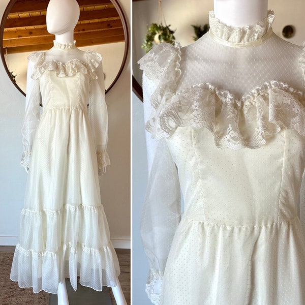 Vintage 70's Ivory Tiered Ruffled Lace Maxi Gown Swiss Dot Victorian Prairie Style Dress Fits S