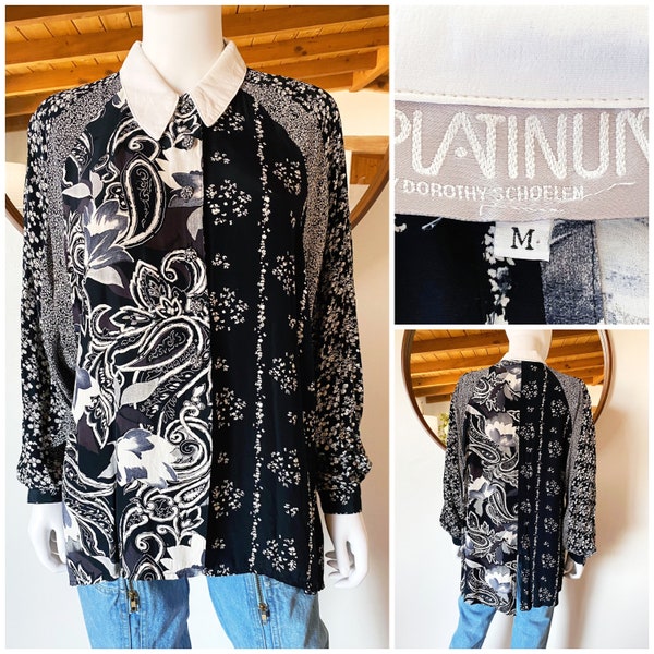 Vintage 90's Platinum by Dorothy Schoelen Black & White Mixed Print Art To Wear Long Tunic Blouse Made in USA Size M