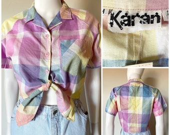 Vintage 90's Deadstock Karan Colorful Checker Crop Top Tie Front Button Down Short Sleeve 100% Cotton Size M