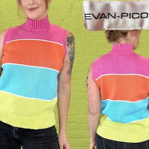 Vintage 90er Evan Picone bunte Strick ärmellose Rollkragen Pullover Top passt L