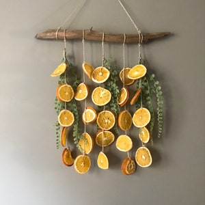 Puede incluir: Un tapiz de pared hecho de rodajas de naranja secas y vegetaci&oacute;n. Las rodajas de naranja est&aacute;n enhebradas en un cordel y cuelgan de una rama de madera flotante.