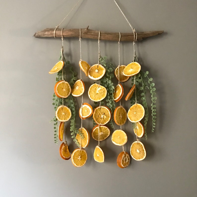 Puede incluir: Un tapiz de pared hecho de rodajas de naranja secas y vegetaci&oacute;n. Las rodajas de naranja est&aacute;n enhebradas en un cordel y cuelgan de una rama de madera flotante.