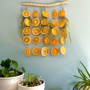 Puede incluir: Un tapiz de pared hecho de rodajas de naranja secas y vegetaci&oacute;n, colgado de una rama de madera flotante. Las rodajas de naranja est&aacute;n dispuestas en un patr&oacute;n en cascada, con la vegetaci&oacute;n intercalada. El tapiz de pared es una decoraci&oacute;n ligera y aireada que ser&iacute;a perfecta para un hogar con una est&eacute;tica r&uacute;stica o bohemia.