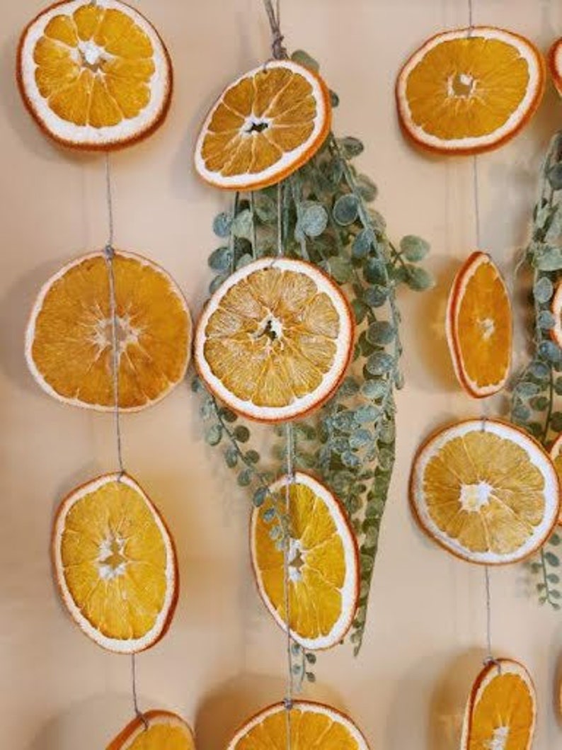 Puede incluir: Una guirnalda de rodajas de naranja secas atadas con cuerda. La guirnalda est&aacute; decorada con ramitas de follaje verde.
