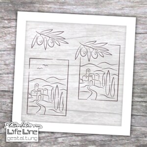 May include: A black and white line drawing of a small village with a winding road leading to the center of the village. The village is surrounded by hills and trees. There are two olive branches with olives on either side of the village.