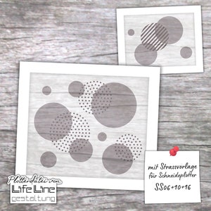 May include: Two digital cut files for a craft project featuring geometric shapes. The design includes circles with different patterns, including polka dots, stripes, and solid fills. The text "Plotterdatei von LifeLine gestaltung" and "mit Strassvorlage für Schneideplotter SS06+10+16" is included in the image.
