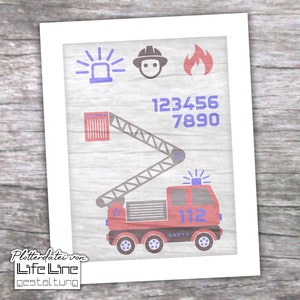 May include: A red fire truck with a ladder, a blue siren, and the number 112 on the side. The truck is on a white background with a blue fire, a blue helmet, and a blue siren. The numbers 123456 and 7890 are also on the background.
