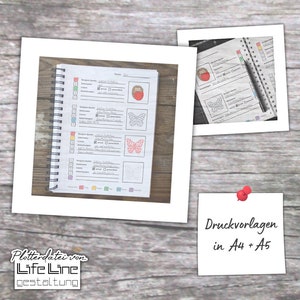 May include: A notebook with a spiral binding and pages filled with checklists and forms. The notebook has a red ladybug and butterfly design. The text on the notebook says "Plotterdatei von LifeLine Gestaltung" and "Druckvorlagen in A4 + A5".
