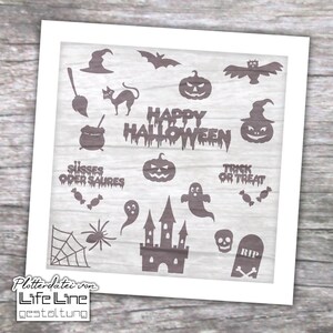 May include: A black and white Halloween themed digital cutting file with images of a witch, a cat, a ghost, a pumpkin, a castle, a spider web, a skull, a tombstone, a broom, a cauldron, candy, and the text "Happy Halloween", "Trick or Treat", and "Süßes oder Saures".