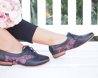 Women's Oxfords Shoes, Floral shoes, Leather Brogues, Casual Shoes, Handmade Oxfords, Vintage Shoes, Black Lace Up, Frida Shoes