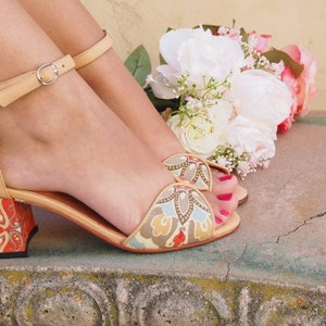 Sweet Lola Floral-Summer Sandals, Leather Shoes, Comfortable Women Sandals, Heel Sandals, Vintage and Retro Sandals for Women