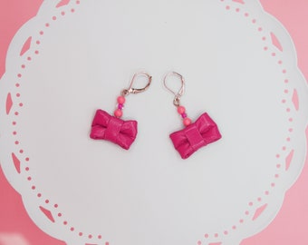 Petit Pink Hoop Earrings, Vintage Retro Earrings, Retro Jewelry, Statement Earrings, Gifts for Her, Little Bow Earrings