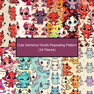 Puede incluir: Un paquete de papel digital con 16 patrones repetitivos con adorables demonios y diablos de dibujos animados en varios colores, incluidos rojo, azul, verde, amarillo y rosa. Los patrones son perfectos para scrapbooking, creación de tarjetas y otros proyectos de manualidades.