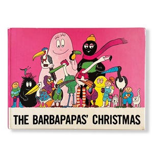 Könnte beinhalten: Ein Kinderbuch mit dem Titel "The Barbapapas' Christmas" mit einem rosa Einband. Das Cover zeigt eine farbenfrohe Illustration der Barbapapa-Figuren, darunter verschiedene vogelartige Kreaturen und die Barbapapas selbst.