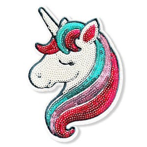 May include: A white unicorn with a rainbow mane and tail made of sequins. The unicorn has a closed eye and a pink nose.