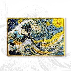 May include: Embroidered patch depicting a wave, a yellow sun, and a starry night sky. The design uses blue, yellow, and white thread on a rectangular patch with a yellow border. The patch is inspired by the famous artwork "The Great Wave off Kanagawa".