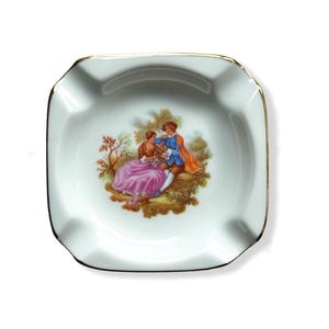 Vintage LIMOGES Porzellan Miniatur Aschenbecher-Gold Trim-Fragonard Werbung Paar Szene Frankreich