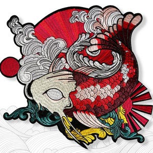 May include: Embroidered patch with a koi carp design, a red sun, white waves, and a red and white fish. The patch has a detailed, colourful design with a black border. Suitable for jackets, bags, or other fabric items.