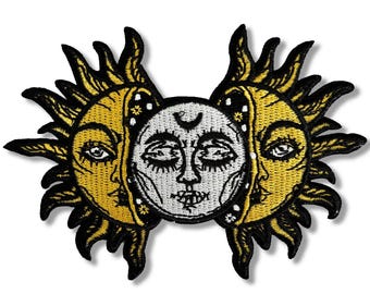 May include: Embroidered patch featuring a black and white sun and moon with yellow rays. The sun and moon have faces with closed eyes and a crescent moon shape on the moon's forehead.