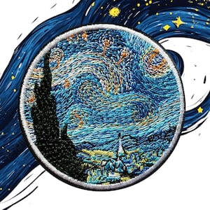 May include: Embroidered patch featuring a circular design of Van Gogh's "Starry Night" painting. The patch has a blue and yellow color scheme, with a swirling sky and a dark silhouette of a tree. The patch is surrounded by a dark blue border.