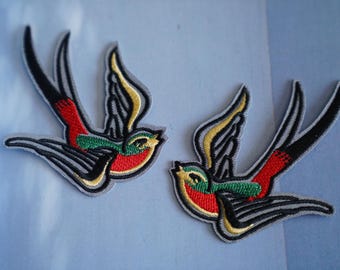 Pair Colorful Swallow Bird Embroidered Iron On Patches 3.5"x2.5"