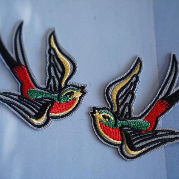 Pair Colorful Swallow Bird Embroidered Iron On Patches 3.5"x2.5"