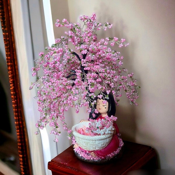 Arbre de sakura en perles pour la décoration intérieure - sculpture d'arbre en fil de fer - cadeau bonsaï en fleurs perlées