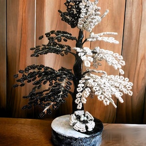 Yin-Yan beaded tree black and white  handmade home decor - wire bead tree sculpture - bonsai Christmas gift