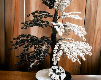 Yin-Yan beaded tree black and white  handmade home decor - wire bead tree sculpture - bonsai Christmas gift