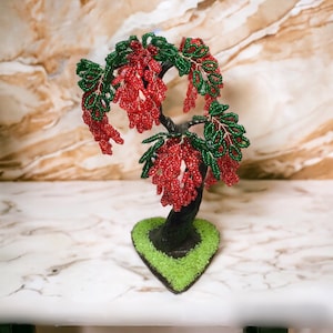 Bead tree Wisteria red handmade for home decor - wire tree sculpture - bonsai Flower gift