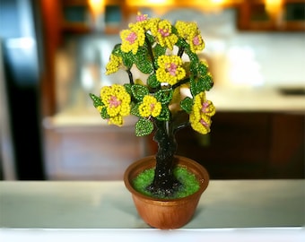 Flowers decor - Beaded Yellow Blossom Bonsai Tree – Handmade Floral Statue