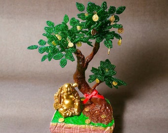 Money tree with a Buddha for home decor - Beaded Life tree - Bonsai statue gift