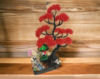 Mini Tree of beads - Bonsai Sculpture – Red Crystal Japanese Tree Decor