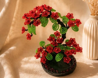 Blossom tree - Beaded Bonsai Tree Sculpture – Red Flower Home Decor