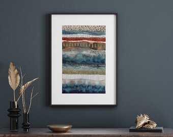 Blue & Gold Stripe Abstract Art Print - Modern Giclée, A3