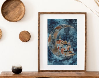 Moonbeam Village Giclée Print – Abstract Watercolor, Moon & Stars