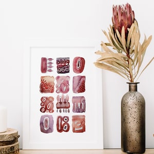 Terracotta Mosaic Giclée Print – Ruby, Mauve Watercolor (A4)