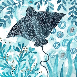 May include: A watercolor painting of a spotted ray swimming in a turquoise blue ocean. The ray is black with white spots and has a long tail. The background is filled with blue and white abstract shapes and patterns.