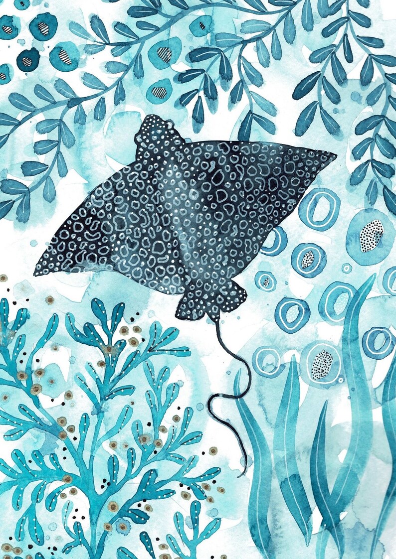 May include: A watercolor painting of a spotted ray swimming in a turquoise blue ocean. The ray is black with white spots and has a long tail. The background is filled with blue and white abstract shapes and patterns.
