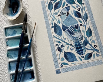 A4 Giclée print - BlueJay Watercolour, Bird Art Print, Blue Jay Watercolour Art Print, Bird Art