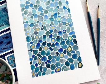 Seaglass Ocean Giclée Print: Watercolor & Gold Accent Art